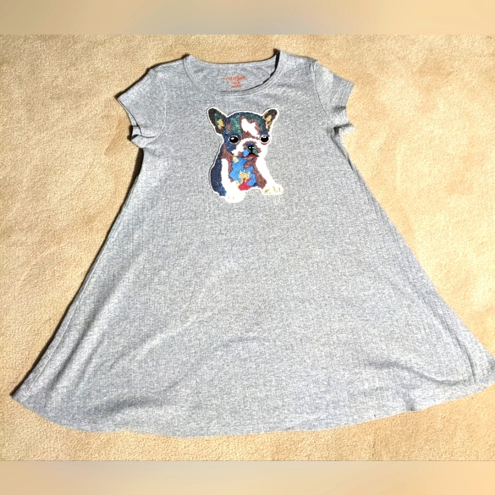 Girls Cat & Jack gray short‎ sleeve dress W/sequin puppy| size 7-8